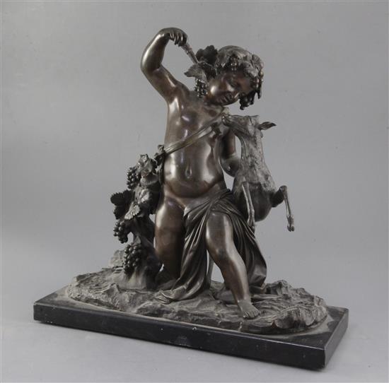 A 19th century French bronze group of a Bacchic putto and fawn, height 14.75in.
